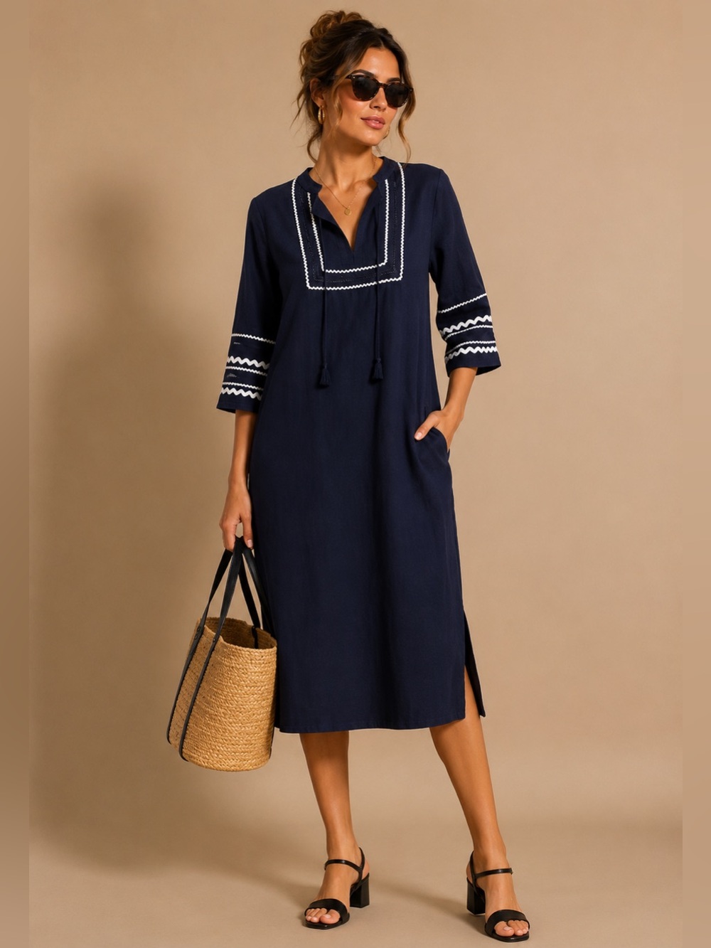 J.Crew Navy Rickrack  Linen Long Beach Tunic Dress Size Small